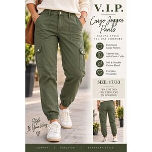 VIP Cargo Jogger Pants Womens 17/33 Olive Green Tapered Leg Elastic Cuff 902400L